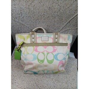 Vintage COACH HAMPTON SCRIBBLE Signature Cloth Tote Multicolor Pastel M05K-247